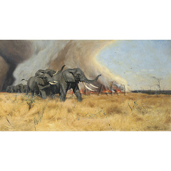 РЕПРОДУКЦИИ НА КАРТИНИ Стадо слонове, бягащи от пожар в храсти (1918)